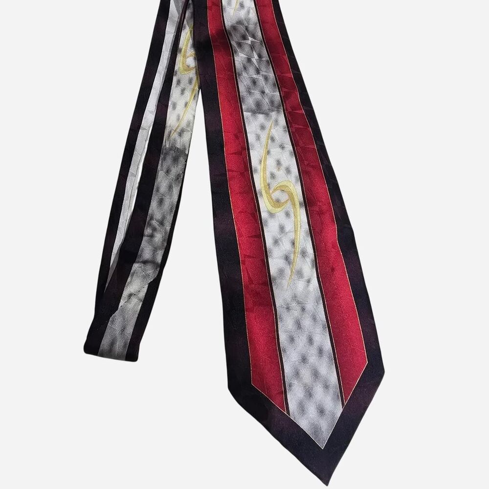Vintage 90s Dino Magli Mens silk tie with red, gray, and black stripes